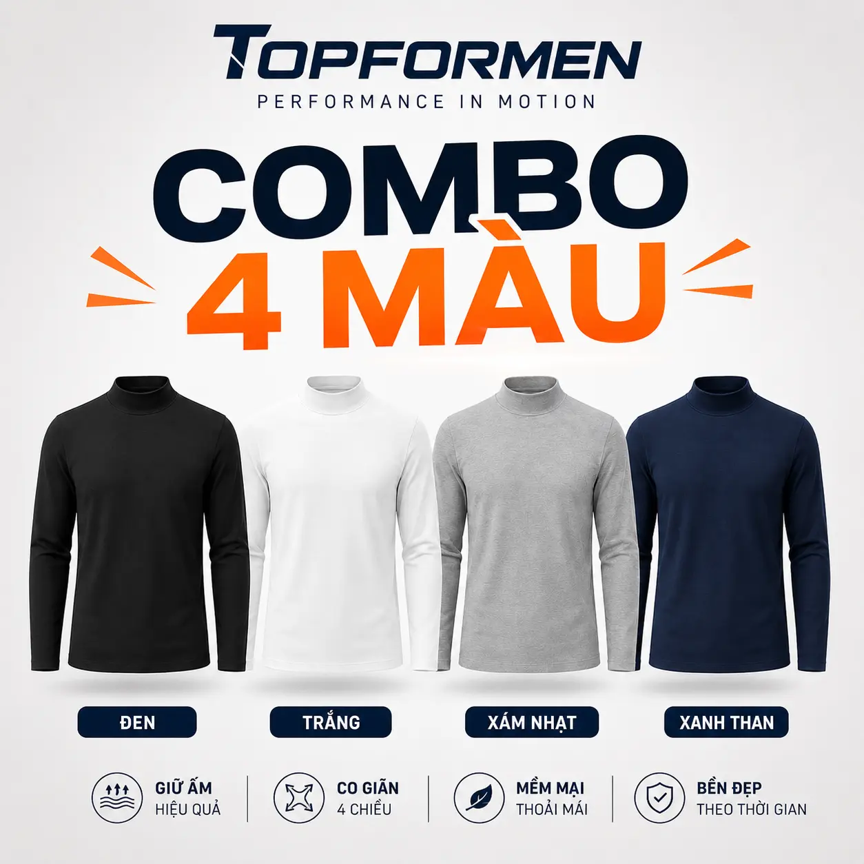 [ COMBO 2 , 3 ,4 ] – Áo giữ nhiệt lót nỉ trơn – cổ cao 3cm – Size từ 45 đến 90kg – Tfm