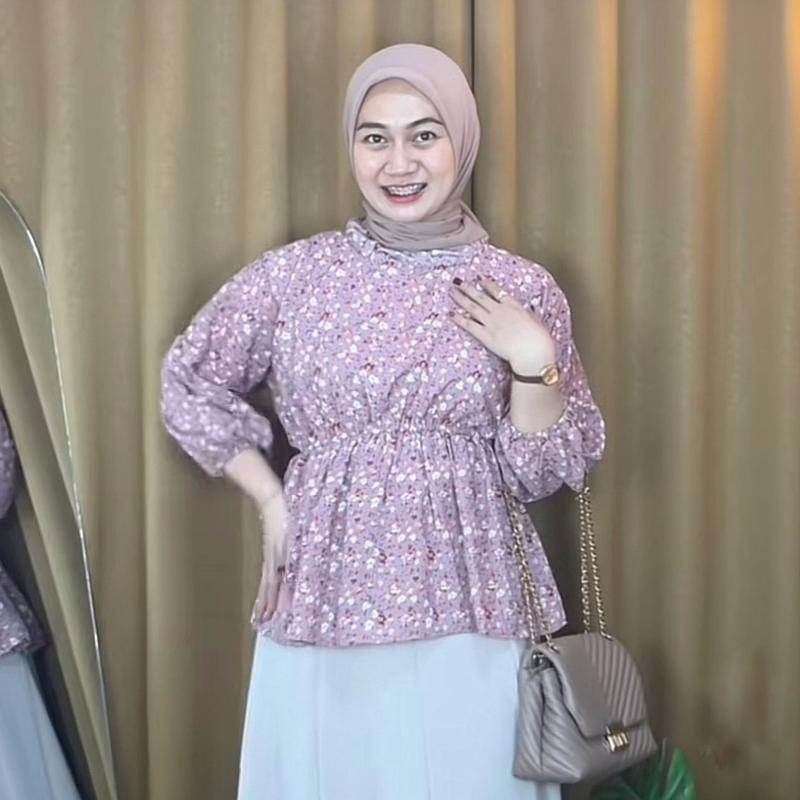 FLORAL OLLA BLOUSE MOTIF BUNGA ATASAN PINGGANG KARET / BLOUSE KOREAN VINTAGE Wolfis Wanita Atasan Panjang Baju  Cewek Dewasa olla blouse korean style Casual 3