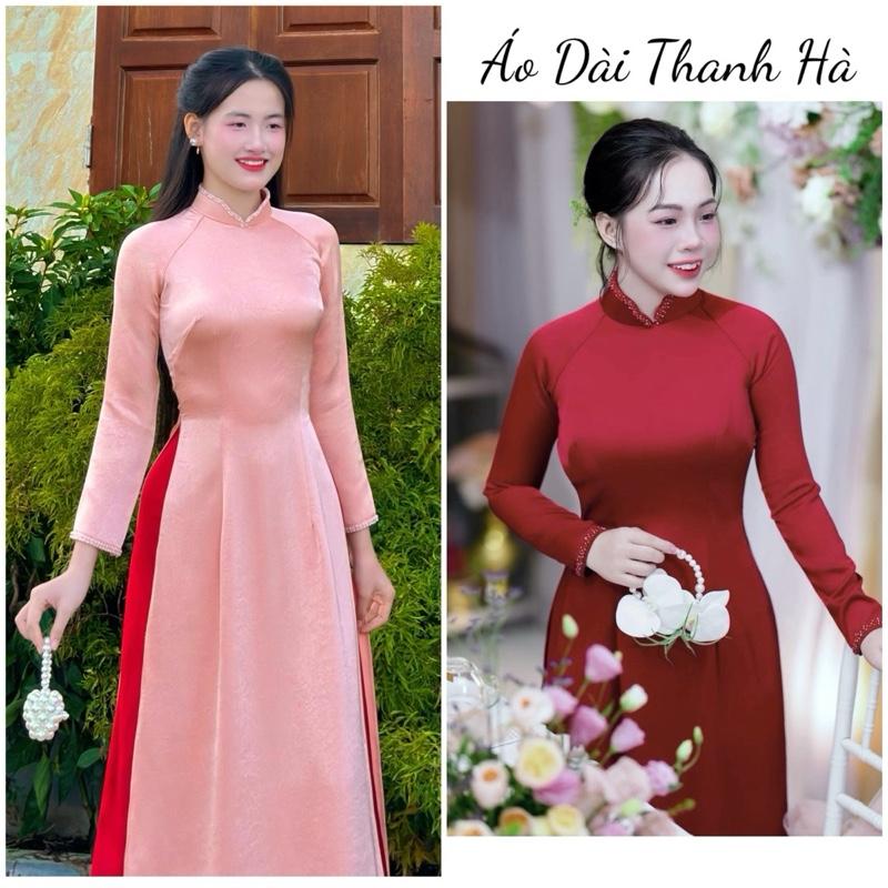 Áo Dài Truyền Thống Lụa Vân Hà Lan Cổ Lượn Đính Kết Ôm Tôn Dáng - Áo Dài Thanh Hà Form Ôm Tôn Dáng Sang Trọng Chuẩn Đường Kim Mũi Chỉ Vải Mềm Mát Co Giãn Tạo Độ Sang Trọng Thanh Lịch Cho Người Mặc