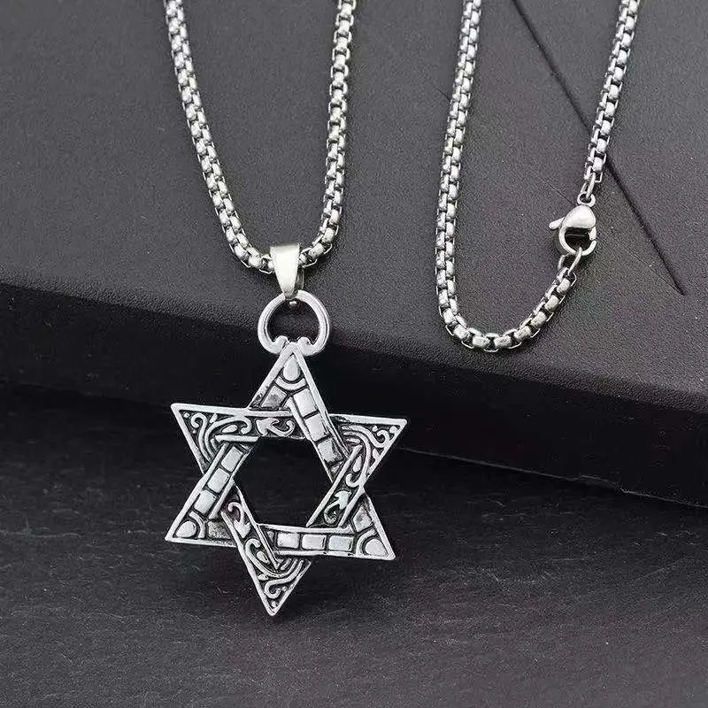 Kalung Bintang Segi 6 / Kalung Rantai + Liontin Bintang Enam Hexagram Gaya Hip Hop Korea Unik Keren Gaul / Hexagram Star of David Pendant + Chain Simple Hollow Double Triangle Necklace / Aksesoris Fashion Cowok Kalung Heksagram Bintang Daud 2