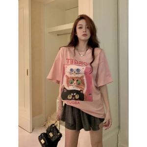 子猫の写真柄プリント婦人用半袖Tシャツ、丸首、ゆったり、純綿カジュアルトップス、丸首、ショルダーベルト、ゆったりシルエット、通気性、肩落ちデザインプリントTシャツ夏のゆったりタイプ