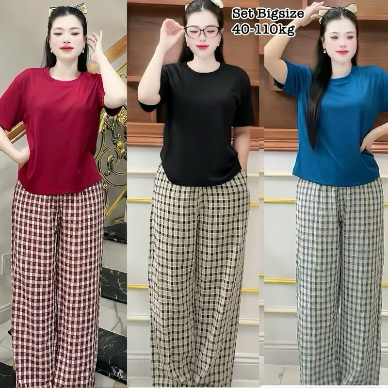 Ưu Đãi Độc Quyền TTS - Én Nhỏ Có Bigsize 40-110kg - Set Bộ Dài Bigsize Nữ Áo Thun Cổ Tròn Mix Quần Dài Form Rộng Vải Caro Nhung Mịn Mát Dễ Thương Cao Cấp Xinh Đẹp Sang Trọng Màu Đen Set Đồ Nữ đẹp Set Áo Bộ Nữ Sang Chảnh Bigsize Women Trắng Kem - 2501
