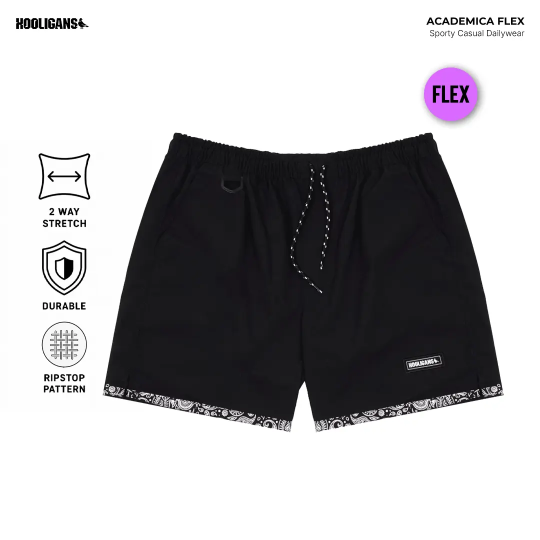 HOOLIGANS Boardshort Academica Paisley Black Celana Shorts  Cowok  Hitam  Pendek Casual Santai