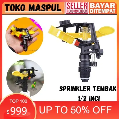 Sprinkler Tembak Putar Taman/Kebun 1/2 Inci Impact Black-Yellow PVC dengan Jarak Semprot 6-13 Meter