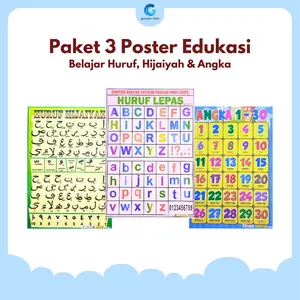Paket 3 Poster Belajar Anak Edukasi Mengenal Huruf, Angka dan Hijaiyah