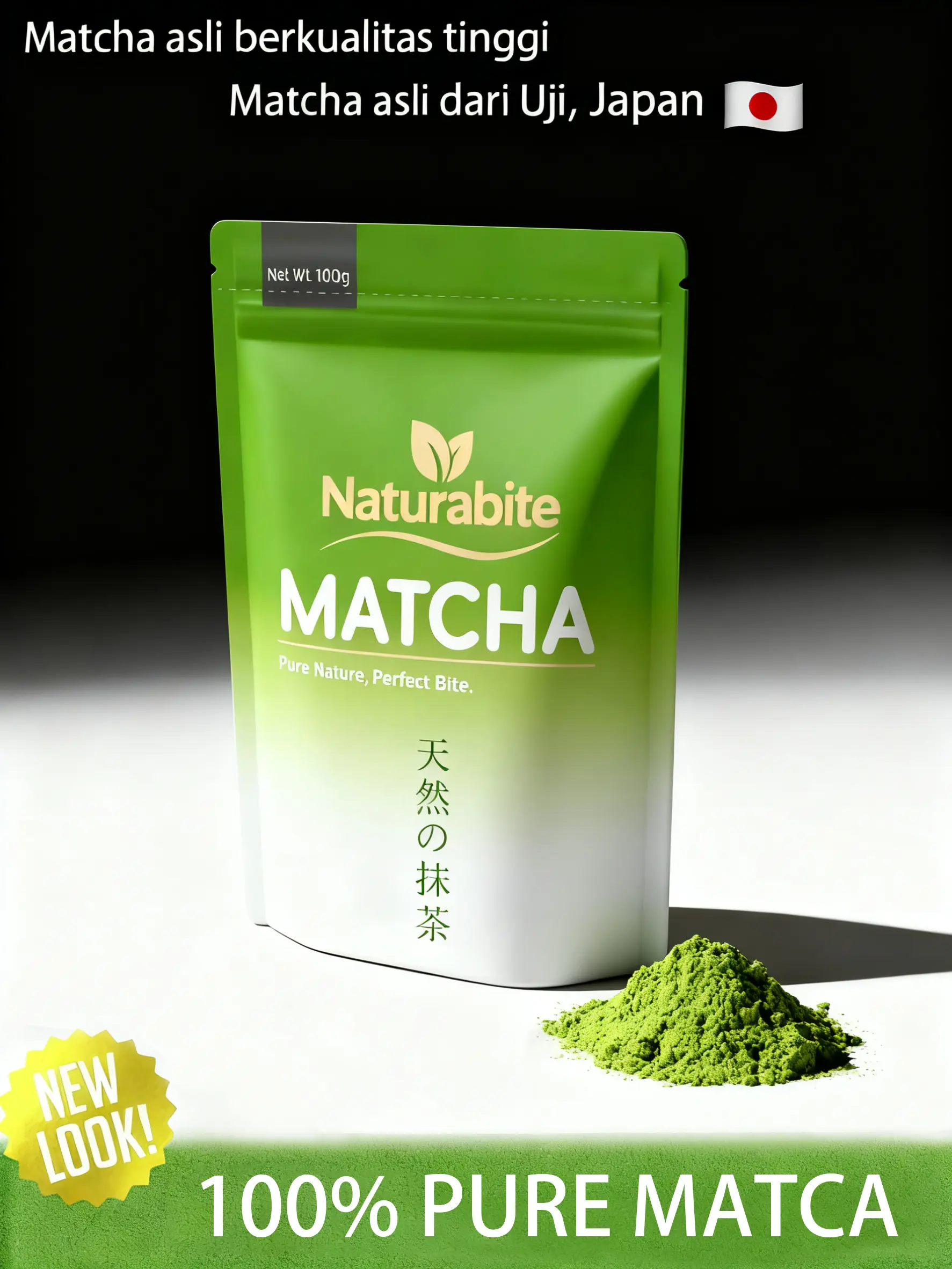 NaturaBite Pure Matcha Powder 100gr |100% Pure, NoAdditives Tanpa gula