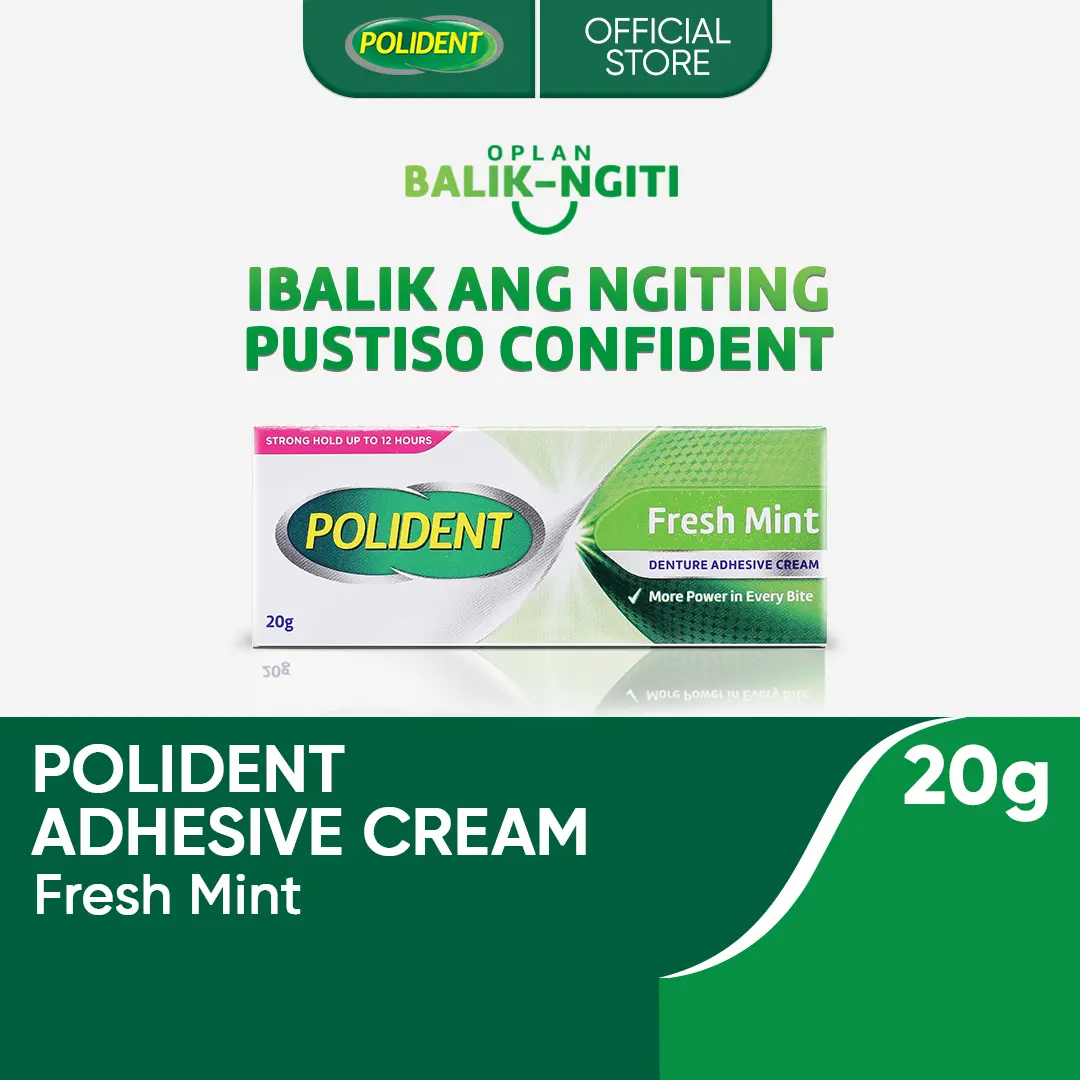 Polident Denture Adhesive Cream Fresh Mint 20g up to 12-hr Strong Kapit, Gum Comfort, Food Blocker