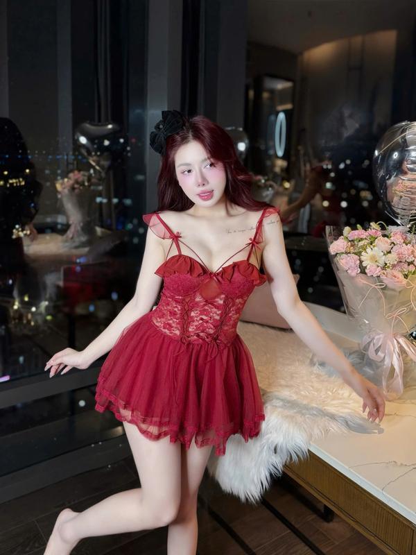 V177 LẺ VÁY Váy Ngủ Ren Mềm Emmie Dáng Ngắn Hở Vòng 3 Kèm Quần Đầm Ngủ QCCC