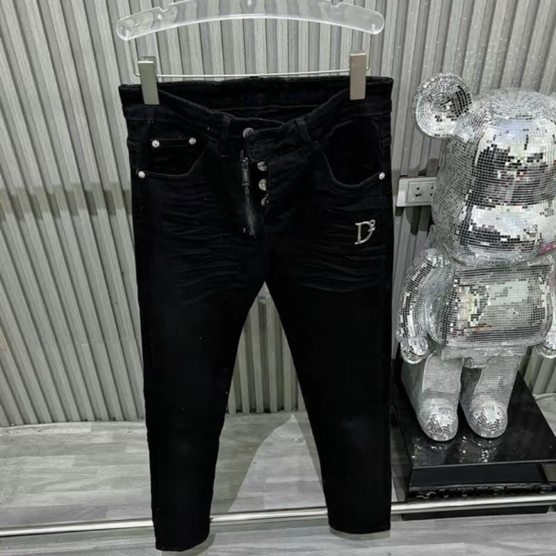 Quần jean bò nam slimfit TA89 biker đen trơn thêu khoá zip lệch đùi tag chữ D hai dập nhăn đùi ống 3D đơn giản basic QJ685
