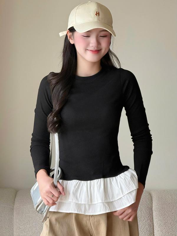 Áo Thun Thu Đông Dài Tay Phối Tùng Xoè Xinh Áo Thun Dài Tay Form Dáng Vừa Miho House