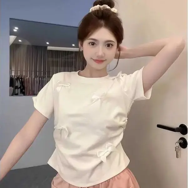 Áo Thun Ngắn Tay Thường Ngày Màu Hồng, Phong Cách Nhật Bản, Thiết Kế Thắt Nơ Ngọt Ngào, Trang Phục Nữ Tính Đơn Giản, Áo Crop Top Ôm Sát, Thích Hợp Cho Phong Cách Đại Học Mùa Hè.