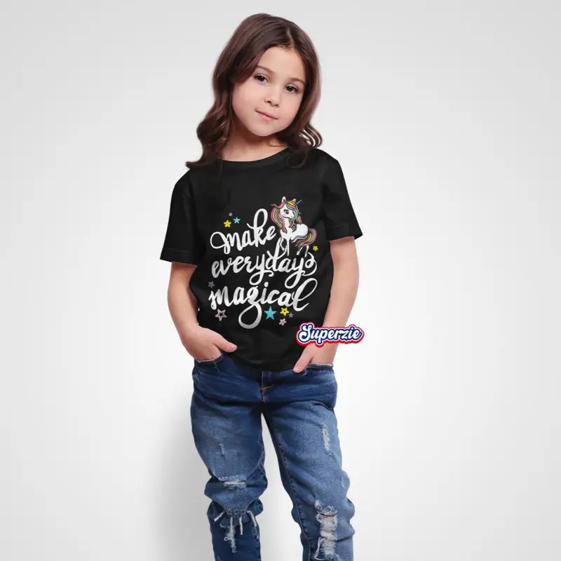 Superzie Kaos Anak Perempuan Unicorn 4-13 tahun Kaos oblong anak cewek Motif MAGICAL HITAM 1