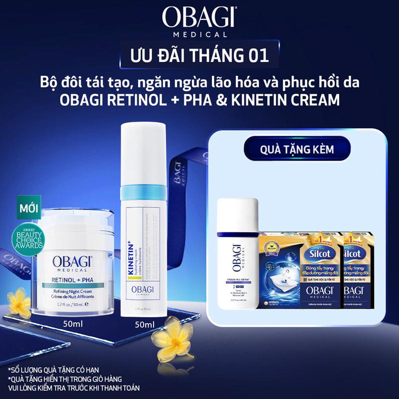  Bộ đôi Kem tái tạo & ngăn ngừa lão hóa da ban đêm Obagi Medical Retinol + PHA 50ml và Kem Dưỡng Phục Hồi Da OBAGI Clinical Kinetin+ 50ml 