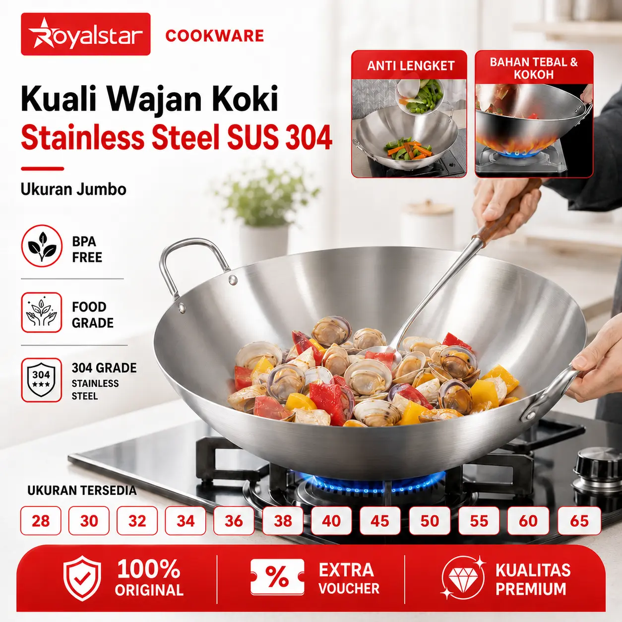 [8.8 SALE] Royalstar Wajan Penggorengan Kuali Anti Lengket Stainless Steel Tebal 28cm - 65cm Gagang Kuping Mudah Dibersihkan Premium Quality Kitchenware