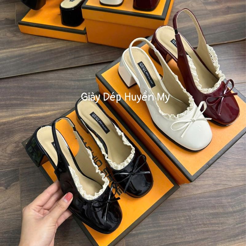 Giày cao gót đế vuông 5P phối nơ và viền ren hàng cao cấp full hộp LT34
