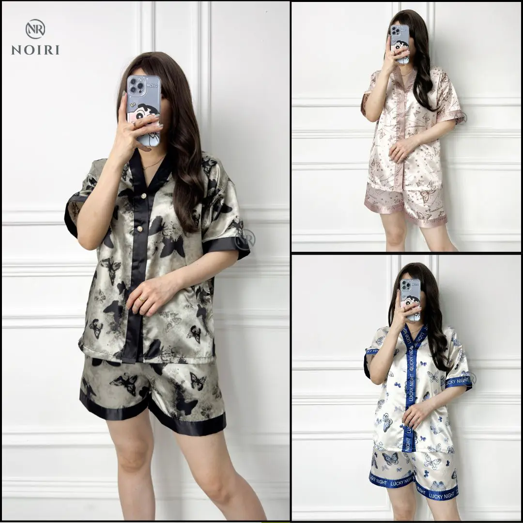 NOIRI - Piyama Wanita Set Satin / Celana Pendek Lengan Pendek Bahan Satin Baju Tidur Setelan Pajamas Korean Style