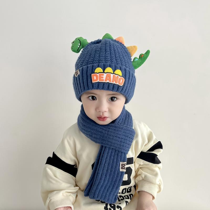 Product Introduction of 1-7Y 2Pcs Children Hat Scarf Set Cute Little Dinosaur Knitted Wool Cap Winter Warm Kids Neckerchief Boy Girl Baby Beanie 19