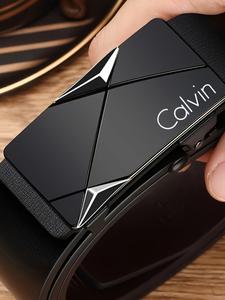 Cinturón de cuero para hombre con hebilla geométrica decorativa, cinturón elegante de estilo automático para uso casual y formal