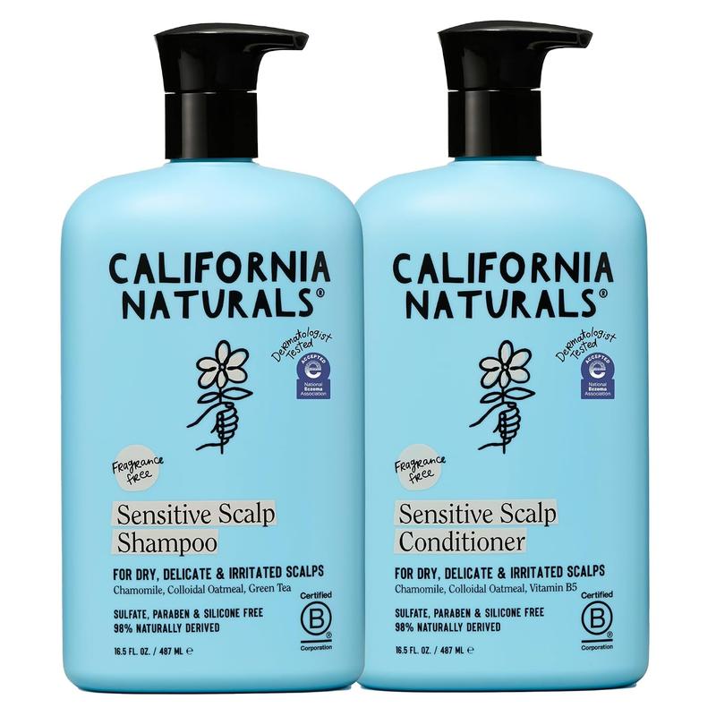 Bộ dầu gội & dầu xả California Naturals dành cho da đầu nhạy cảm, không mùi, làm dịu và nhẹ nhàng, không hương liệu, chứa tinh thể ngô và hoa cúc thảo dược, không chứa paraben, không chứa sulfate, được NEA chấp nhận, 16,5 oz