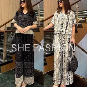 Larisa Style One Set Rayon Motif Premium Baju Crop Tangan Pendek Set Wanita Celana Kulot Panjang Highwaist Set Kekinian Kancing Lembut Nyaman Setelan