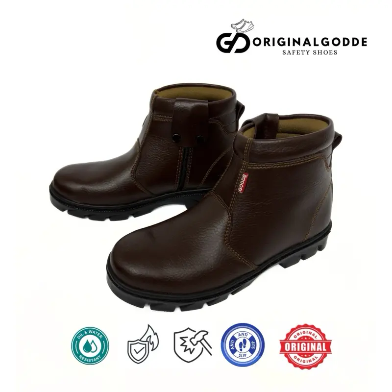 GODDE Sepatu Safety Boots Resleting Pria Ujung Besi Pekerja Lapangan Kulit Sintetis Grade A Sol Karet Rubber Anti Slip Anti Minyak