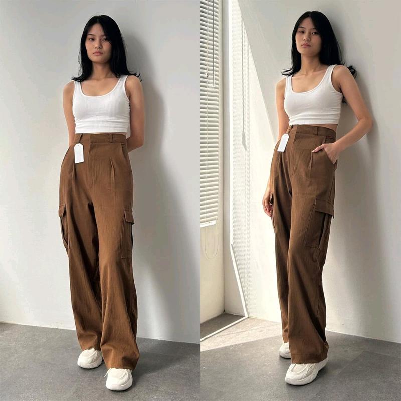 (TERMURAH CARGO)- Celana Cargo Highwaist Loose Linen Cringkle Celana Cargo Wanita Kulot Cargo Highwaist Wanita Kekinian 6