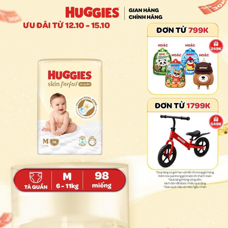 Tã quần Huggies Skin Perfect Mega Jumbo với 2 vùng thấm giảm kích ứng da Size M 98/L 88/XL 72+4/XXL 64+4