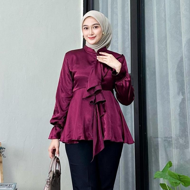 MARSYA TOP BAJU ATASAN WANITA BAHAN SHIMMER MODEL TRENDY DENGAN KARET TANGAN DAN RISLETING DADA 1
