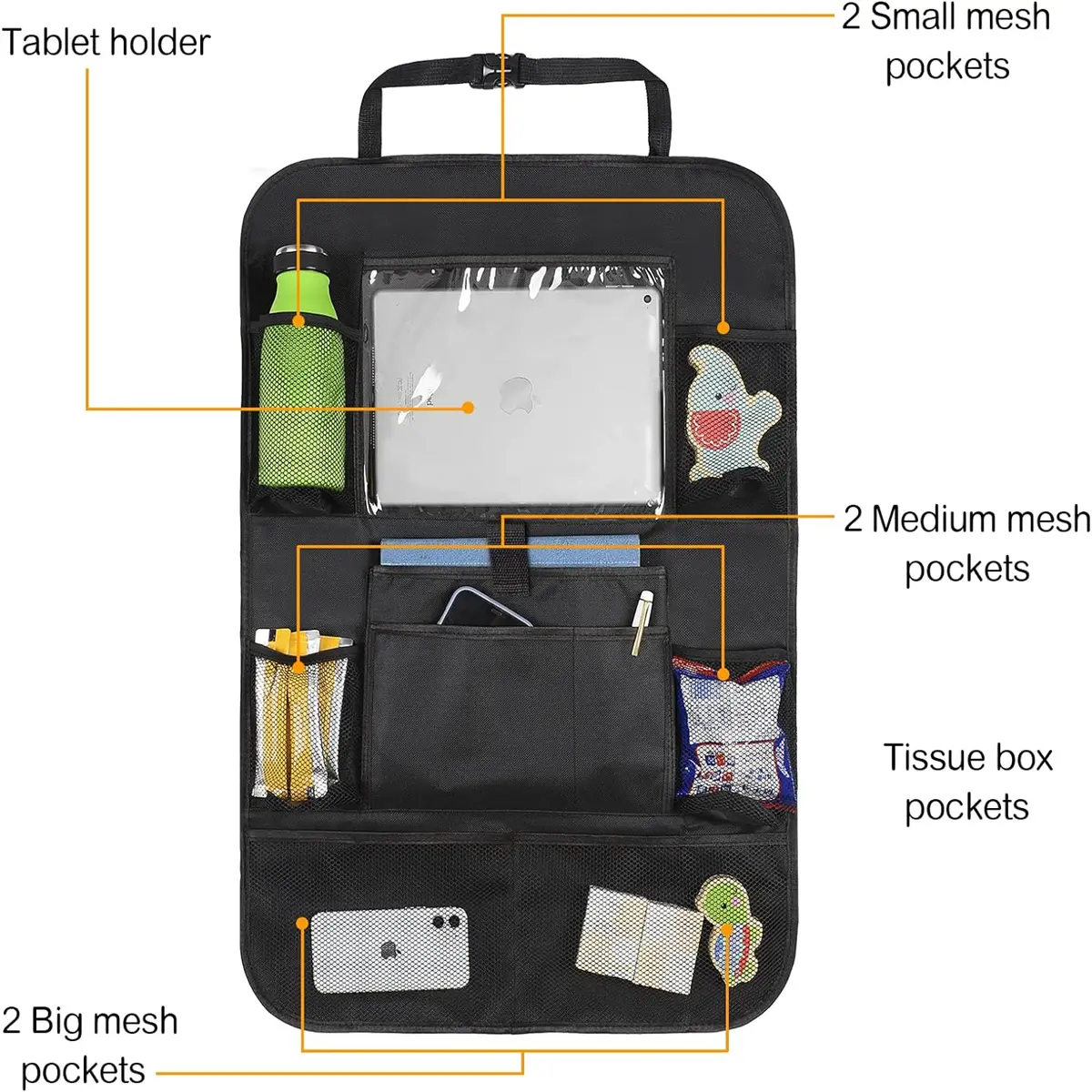 Car storage bag, children's car back seat storage box Durable waterproof Oxford fabric, with touch tablet holder 8 mesh pockets and 2 snack pockets Toys, car travel accessories Auto parts