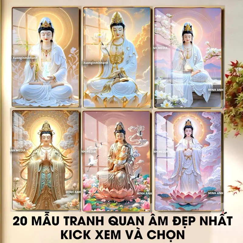 [QUAN ÂM BỒ TÁT] - Tranh gỗ tráng gương dày 13mm - Bo viền vàng cao cấp - Treo tường phòng thờ, mang lại may mắn bình an hạnh phúc Decor Phòng - MINHANH MEDIA