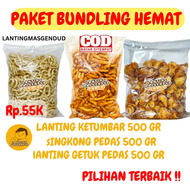 Paket Bundling Hemat - Keripik Singkong Balado-Lanting Tumbar-Emping Jagung - Cemilan Snack Asin Gurih Food Pedas Kripik 0