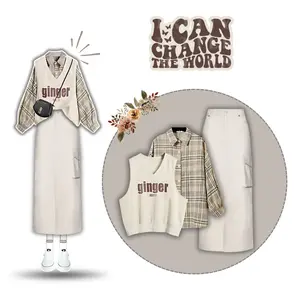 Set 3in1 Fashion Wanita Korean Style Setelan Vest Kemeja Dan Rok Cargo Outfit Remaja B081