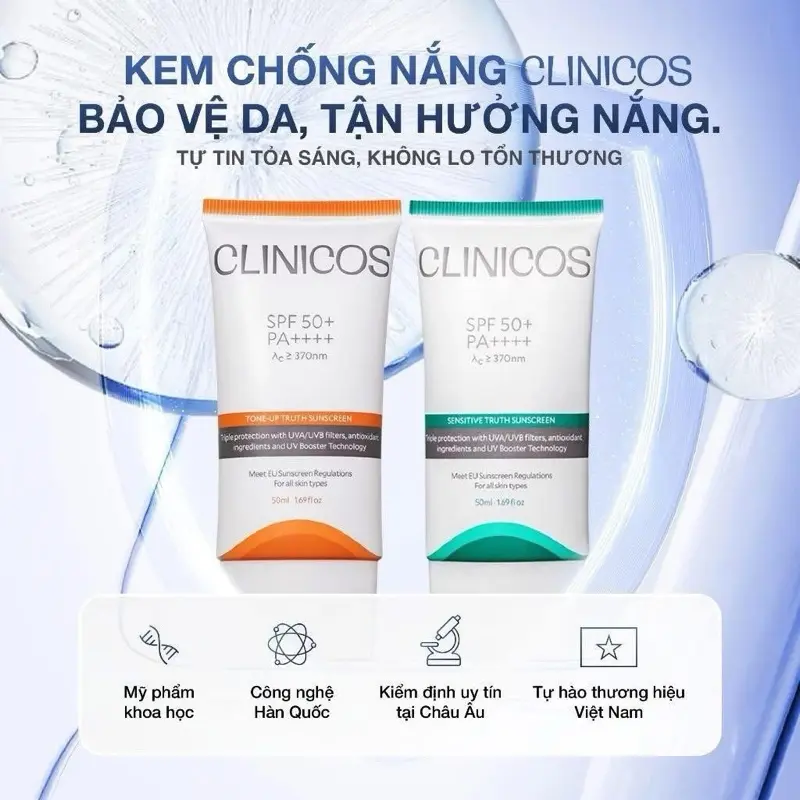 KCN Clinicos SPF50+ PA++++ chống nắng mạnh ứng dụng CN UV Booster Châu Âu