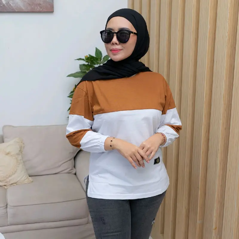 Ayessa Shop T-shirt Atasan Kaos Wanita Lengan Panjang Kerut Kombinasi Bahan katun Combeds nyaman enak dipakai 6