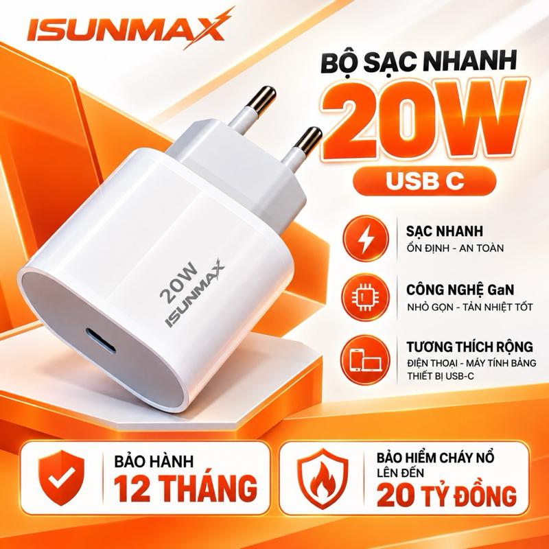 ISUNMAX - Củ Sạc Nhanh 20W Công Nghệ Thông Minh Sạc Nhanh Hiệu Quả Không Nóng Máy
