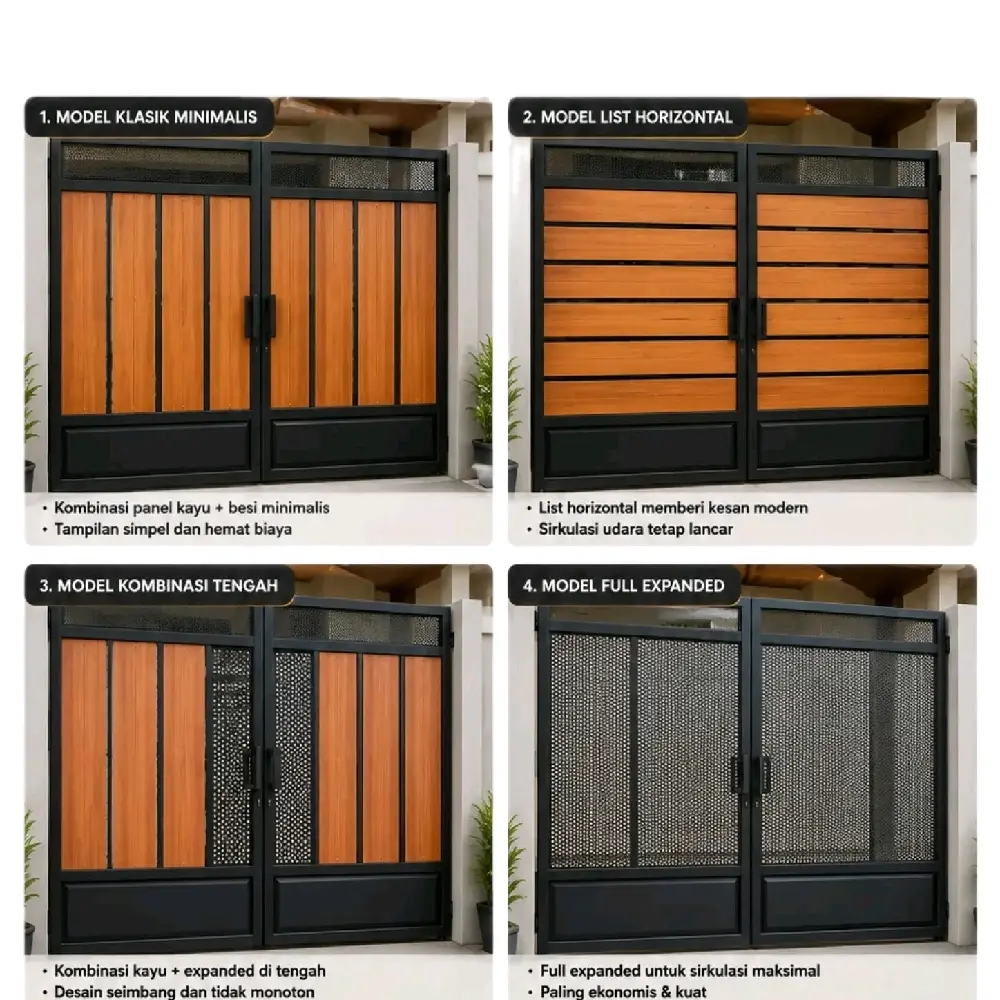 Pagar dan Pintu Besi Bahan dan Kualitas No 1 Model Klasik Minimalis List Horizontal Kombinasi Tengah Full grc motif kayu