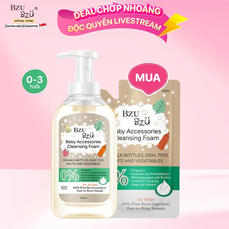  Deal Chớp Nhoáng - Combo 2 Nước Rửa Bình Sữa Đồ Dùng Em Bé BZU BZU Baby Accessories Cleansing Foam Tạo Bọt Hương Chanh 1 Chai 500ml & 1 Túi 400ml Cho Bé 
