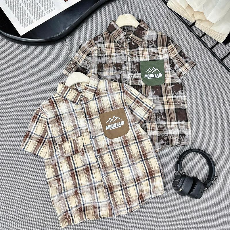 (Monkids) Áo Sơ Mi Kẻ Loang Cộc Tay Chất Cotton Hàn Dẹp, Đứng Form Cho Bé Trai 2 màu từ 17-60kg aosomidihoc2025