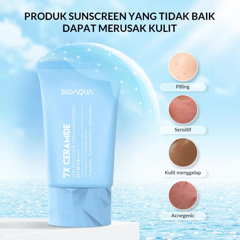 BIOAQUA 7X Ceramide Serum Sunscreen SPF 50 Sunscreen Gel Sunblock Wajah-Q22A0399| Lux Fluffy