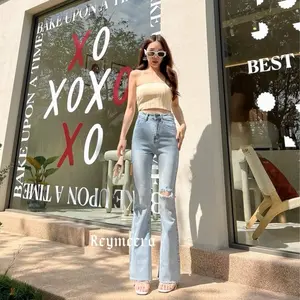 Celana Jeans Sobek Wanita Highwaist Stretch Korean Style Panjang