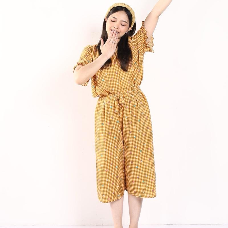 [DasterHitsMalang] One Set Aira Celana Kulot Panjang 7/8 /One Set Kancing Depan/One Set Lengan Rempel/Setelan Wanita Baju Karet Katun Kerah Rayon Motif Atasan Busui Pendek Kotak 6