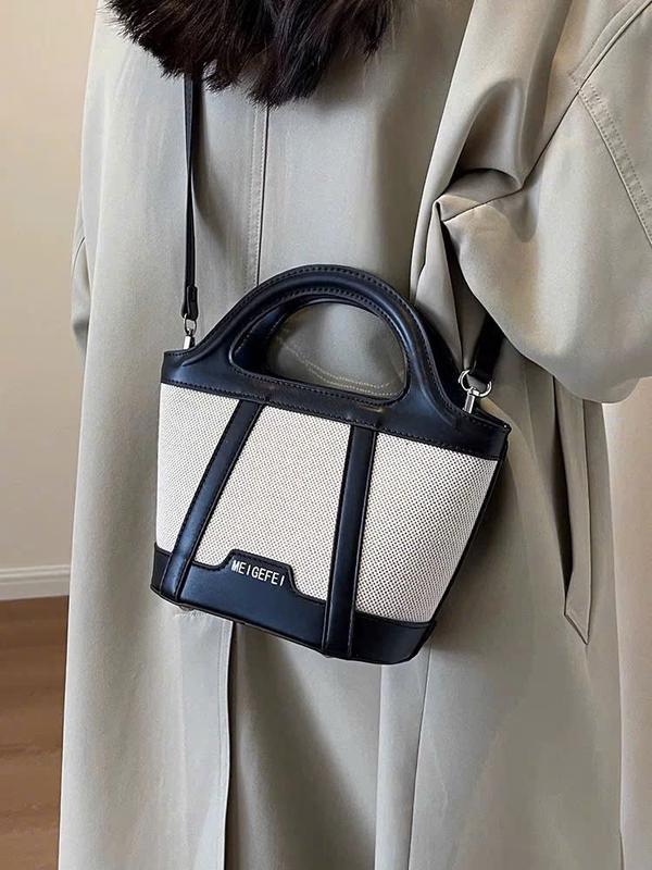  Túi Xách Giỏ Bucket Retro Đa Năng Da PU Kết Hợp Vải Canvas Bag Nữ EM61 Đi Chơi Đi Làm 