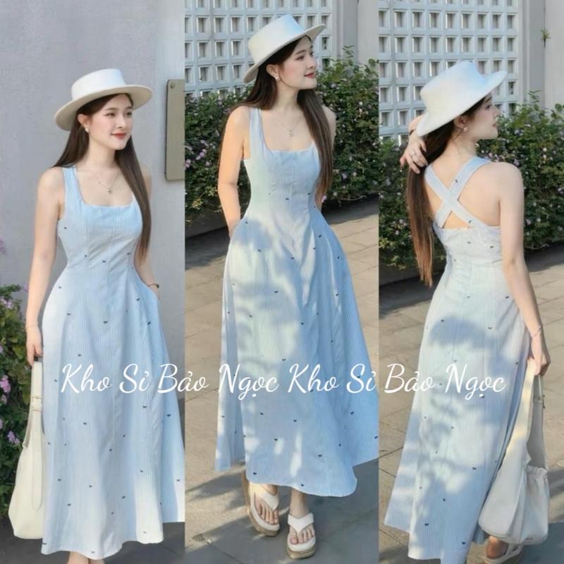   V285 XÃ KHO CUỐI NĂM CÓ BIG SIZE  Váy Hai Dây Kẻ Sọc In Nơ Dáng Dài Kho Sỉ Nguyễn Bảo Ngọc - Chiều Dài Váy 125cm - 126cm -127cm 