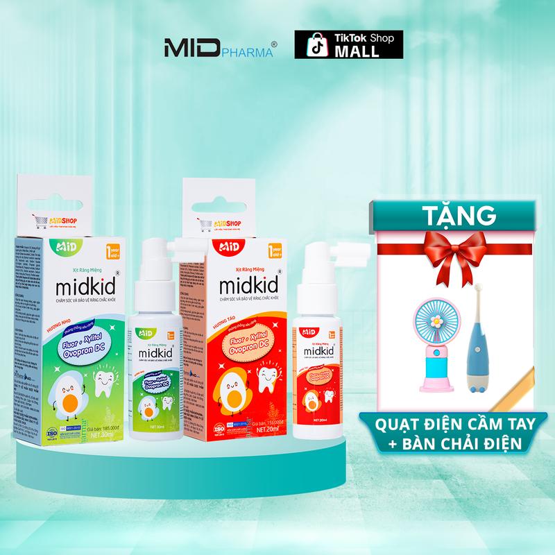 Midkid x LongChun - Combo 2 hộp xịt chống sâu răng Midkid vị NHO và TÁO cho bé - Tặng Bàn chải điện + Quạt điện mini cầm tay