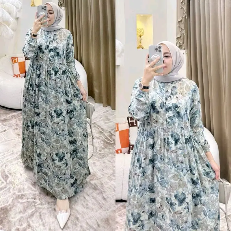 MIDI DRESS RAYON MOTIF BUNGA/ HOMEDRESS BUDUI FRIENLY WANITA MOTIF TERBARU Gamis Muslim Remaja Dewasa Fit Tebal Standar Samping 0