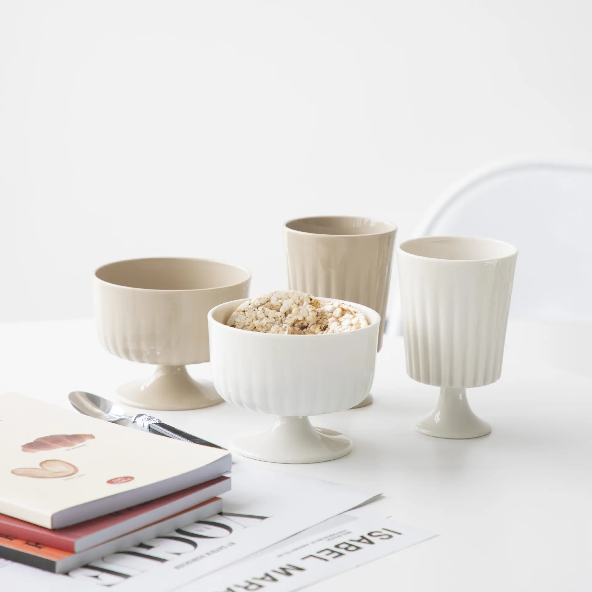 Creative European ceramic water cup vertical grain tall glass ice cream cup Home restaurant drink cup dessert cup drinkware reusable washable andwear-resistant