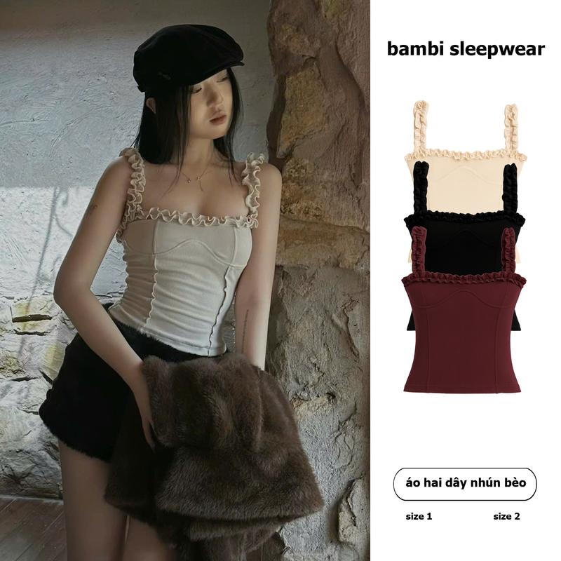    deal mở bán     full 2 lớp trước + sau   Áo 2 dây nhún bèo dáng corset siết eo tôn dáng 