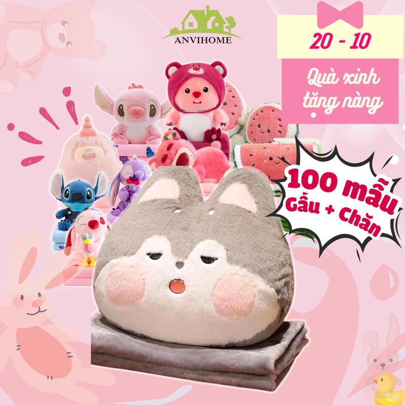 [100 MẪU GẤU KÈM CHĂN] BỘ CHĂN GỐI VĂN PHÒNG GẤU BÔNG KÈM CHĂN M1XM6 ANVIHOME Mềm Có thể giặt Cotton, Capybara, hải ly loopy, lena, gấu dâu, mèo hoàng thượng, kurumi, heo chuột