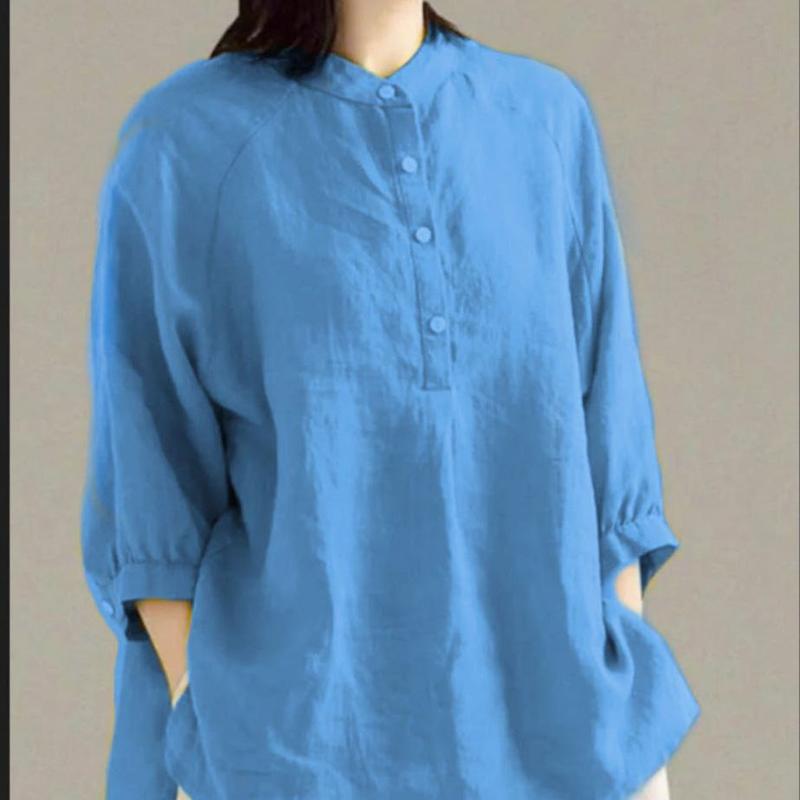 Blouse Wanita Jumbo katun linen Kerah Shanghai Kemeja Lengan 3/4 baju  Atasan Linen Oversize Casual Santai Terbaru 2