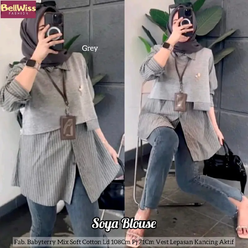 Soya Kemeja Blouse Set Inner Plus Vest Motif Garis Salur Tebal Premium 0